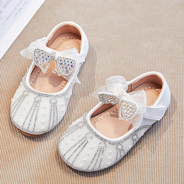 2-9 Years Spring Girls’ Princess Flats with Rhinestone & Mesh Bow Design-Silver