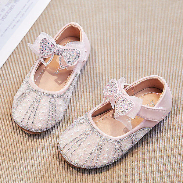 2-9 Years Spring Girls’ Princess Flats with Rhinestone & Mesh Bow Design-Pink